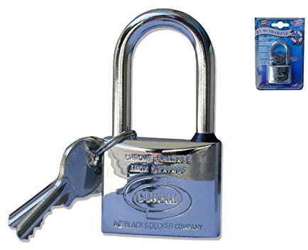 Lucchetto Marino Arco Lungo Corpo In Ottone Cromato Lucido, Arco In Ottone Cromato Lucido A Lunga Luce, Con Anello In Gomma Per La Protezione Dei Meccanismi Interni. Completo Di 2 Chiavi