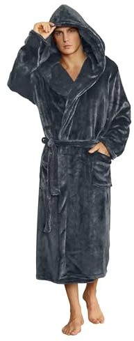 U2SKIIN Mens Fleece Hooded Robe Plush Bathrobe (Dark Grey, 2XL/3XL)