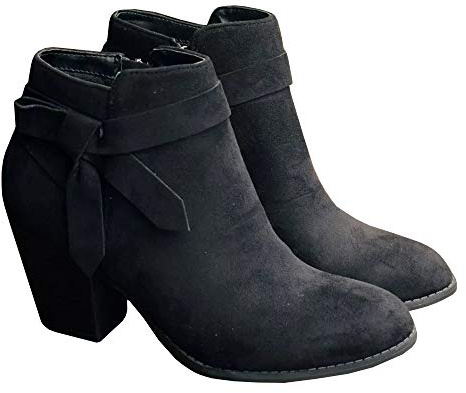PiePieBuy Women's Tie Knot Chelsea Pump Ankle Boots Closed Toe Stacked Heel Booties Shoes,Suede Black, Size 9