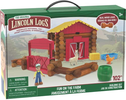 Basic Fun Lincoln Logs | Fun on the Farm Building Set | 100+ Piece Learning Engineering Kit for Kids, Real Wood, Toys for Children Ages 3 00858