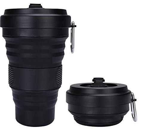 JackWish Faltbar Silikonbecher Klappbecher,Faltender Becher Faltbare Tasse Silikon für Camping Reise Outdoor Büro,BPA Frei,3 Einstellbare Kapazitäten,Max Kapazität 550ML (Schwarz+Schwarz)