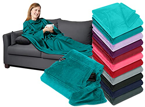 npluseins Decke mit Ärmeln Geschenke für Frauen und Männer 130x180 cm TV Deckenpullover Kuscheldecke das Original mit Ärmel & Bauchtasche 1448.2043, Petrol