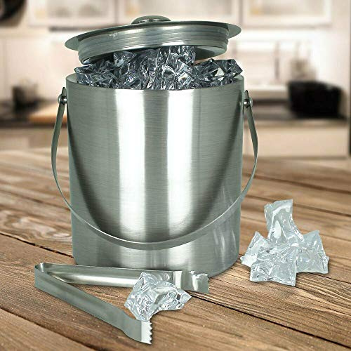 Trendi Large Double Walled Stainless Steel Insulated Ice Bucket with Tong & Lid 2L