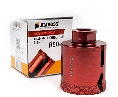 Diamant Bohrkrone Ø50mm - Amboss RED EDITION M14 - für Winkelschleifer - Feinsteinzeug, harte Fliesen, Granit - Die ideale Trockenbohrkrone