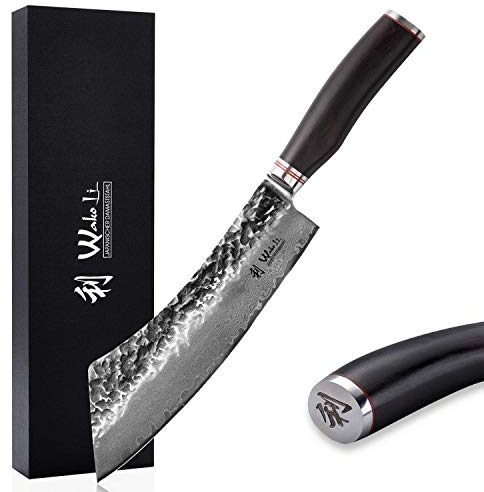 Wakoli EBO Premium Blockmesser Hakata Bocho mit 22,5 cm Klinge und Hammerschlag gefertigt aus 67 Lagen echtem Damaststahl mit schwarzem Eichenholzgriff I Damastmesser Küchenmesser und Profi Kochmesser