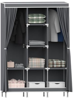 7H SEVEN HOUSE 0 Armadio Guardaroba in Tessuto Triplo con Tende scorrevoli Bianco/Grigio 118 x 45 x 169 cm, Lega di Acciaio, Taglia Unica