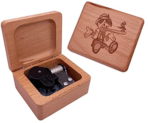 Pinocchio Spieluhr When You Wish Upon A Star, geschnitztes Holz, Geschenkbox, silbernes Uhrwerk