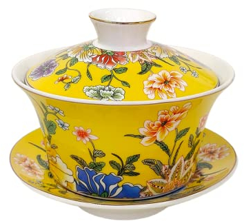 KOPYFANTAP Juego de Taza de Té Tradicional Chino de Porcelana kungfu,Gaiwan Amarillo con Flores y Corales Gráficos,300ml Grande Capacidad Tazón de Té