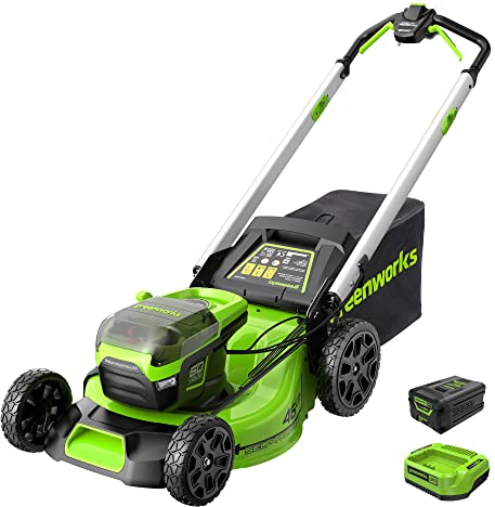 Greenworks Pro 60V 46cm Bürstenloser Akku-Rasenmäher, Selbstfahrend, Schnitthöhe 25-85mm, Klappbarer Griff, Vertikale Aufbewahrung, Mit 55L Tasche (mit 4Ah Akku und Ladegerät)