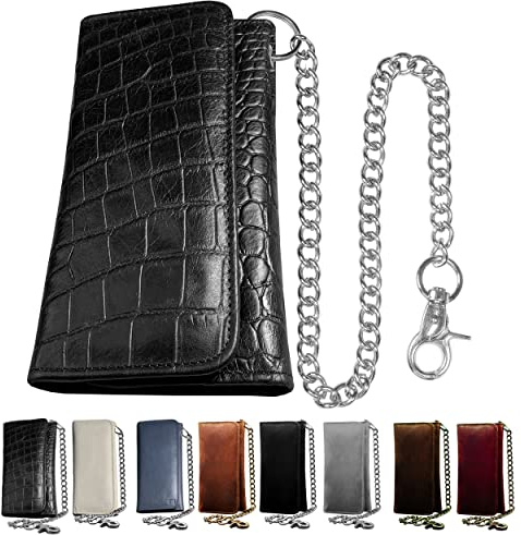 IBRO Motorcycle Chain Wallet for Men – Premium Cowhide Leather, RFID Tri-Fold Biker Wallet with Heavy Duty Chain for Bikers Truckers & Hunters, Credit Card Money Organizer Long Wallet Crocodile Black