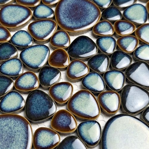 Bravotti Porzellan-Kieselstein-Fliesen, ineinandergreifend, Aquamarin, Blaugrün, Mosaik, Wanddekoration, Netzmontage, 30,5 x 30,5 cm, wasserdicht, Keramikfliese, für Küche, Badezimmer, Dusche