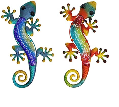 FAMoUsGoods Gartenstatuen 2 stücke Metallgecko Wandkunst mit Glas for Hausgarten Dekoration und Statuen Outdoor Ornamente Dekorative Gartenskulptur