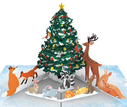 Hartensteler® Pop-Up Karte Weihnachtsbaum und Winter Tiere mit Umschlag - 3D Weihnachtskarte für Kinder (Mädchen und Jungen, Frau oder Freundin - Geschenkkarte für Winter, Weihnachtszeit