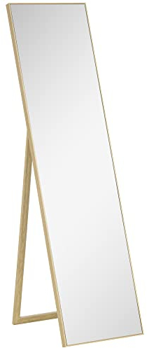HOMCOM Standspiegel, Ganzkörperspiegel mit Holzmaserung, Ankleidespiegel, Schminkspiegel für Schlafzimmer, Wohnzimmer und Eingangsbereich, Silber+Hellbraun, 40 x 150 cm