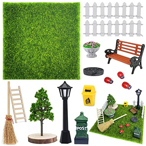 15 Stück Miniatur Garten Zubehör，Kunstrasen Miniaturgarten，Zubehör mit Miniatur Kunstrasen, Zaun, Bank, Straßenlampe, Holzleiter,Baum, Besen,Mini Garten Möbel Deko Set für Puppenhaus