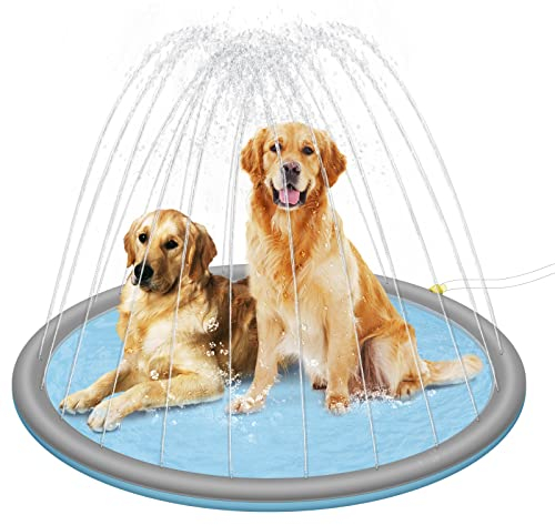 EUGAD Hundepool mit Sprinkler Ø170 cm für große Hunde, Wassersäule mit Einstellbarer Höhe und Richtung, Rutschfester Boden, faltbar, Grau Blau, 0025GYYC