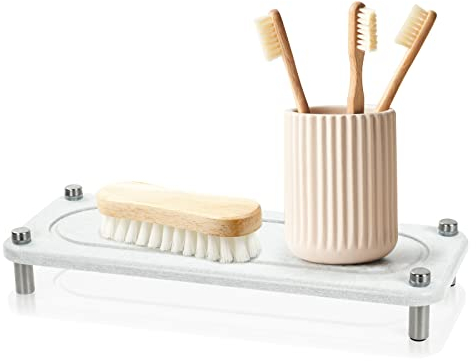 AUAUY Sink Caddy Dries, Home Instant Dry Kitchen Bathroom Sink Organizer, Diatomaceous Pedestal Stand Riser with Stainless Steel Feet Protection, Soap Holder for Bottles Toothbrush Cup - White
