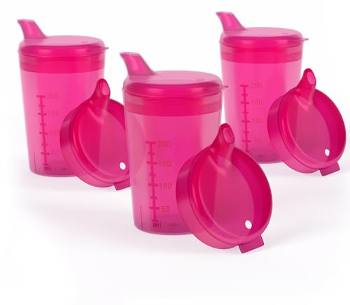 Horn Medical 3er Pack 250ml Erwachsenen Schnabelbecher-/Trinkhilfe-Sets mit je zwei Deckeln (große & kleine Öffnung) pro Set - Farbe wählbar (rot)