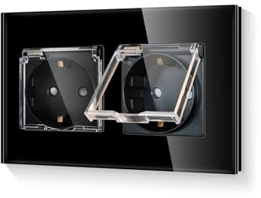 LIAONFOY Schuko Doppel Steckdose mit Deckel Glasrahmen Steckdose mit Kindersicherung Unterputz 2 Fach Küche Feuchträume Wandsteckdose Zweifach Schwarz 110-250V 157mm