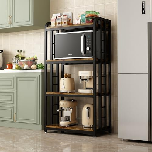 4-Tier Kitchen Baker's Rack with Rolling Wheels, Microwave Oven Cart Stand, Adjustable Utility Shelving Storage Unit, Heavy Duty Organizer Rack for Living Room, Garage, Home and Office(Brown)
