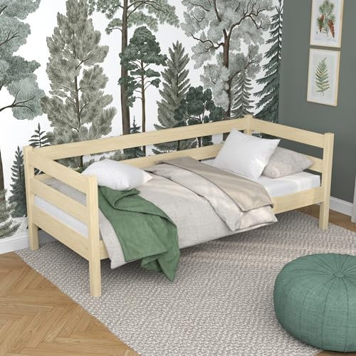 N-Wood N01 Massivholzbett 120x180 cm, Sofabett, Bettgestel mit lattenrost, Bett für Kinder, Jugendliche und Erwachsene, sichere abgerundete Kanten, Hochwertige und umweltfreundliche Lacke, Kiefer klar