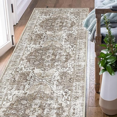 TOPICK Läufer 60x150cm Braun Area Teppich Wohnzimmerteppich Vintage Multi Blumendruck rutschfest Dünner Waschbar Teppich Bodenbelag Faltbar für Innenbereich Büro Schlafzimmer Küche