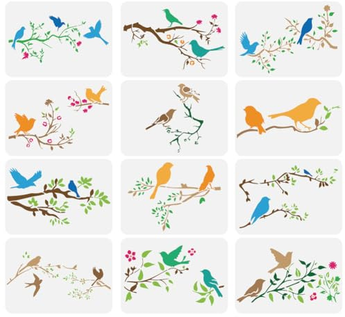 FINGERINSPIRE 12 Stück Vögel Auf Einem Ast Große Malschablone 21x29.7 cm 12 Stile PET Vogel Serenade Sprühschablone Flatternde Vogelfamilie Zeichenschablone Tier Wandvorlage Für Heimdekoration