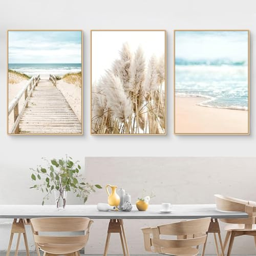 Herfair 3er Poster Set, Boho Beige Natur Strand Pampasgras Bilder, Modern Wandbilder Wanddeko, Vintage Bilder Deko für Wohnzimmer Schlafzimmer-Ohne Rahmen (40x50cm)
