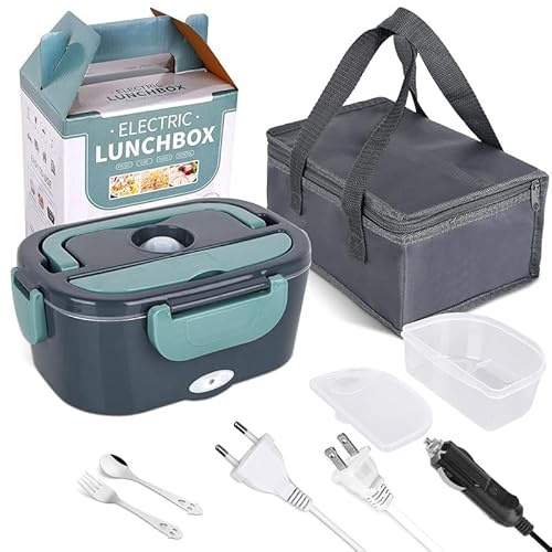 Dcbeduff Lunch Box Chauffante,3 en 1 60W 1.5L Boite Chauffante Repas pour Voiture Camion Maison,12V/24V/220V Gamelle Chauffante pour le Camping Domestique avec sac à Fourchette et Cuillère (A)