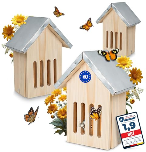 3 Stück Oramics Schmetterlingshaus aus Kiefernholz mit wetterfestem Metall Dach [Made in Europe] Schmetterlingshotel für Garten und Balkon – Schmetterling Insektenhotel zum Züchten oder zur Aufzucht