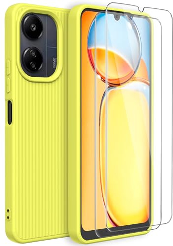 BUTISHIYU Funda para Xiaomi Redmi 13C 4G con 2 Protectores de Pantalla de Cristal Templado, Carcasa de Silicona Líquida Gel Ultra Suave Funda Compatible con Xiaomi Redmi 13C 4G, Amarillo