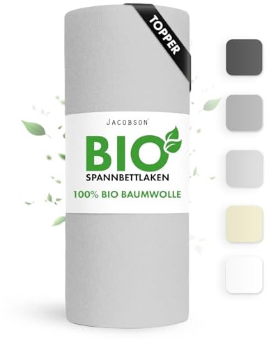 Jacobson Bio Spannbettlaken Topper 90x200cm Baumwolle Spannbettlaken, GOTS zertifiziertes Bettlaken, 160g/m² Jersey Spannbetttuch (Topper 90x200, Hellgrau)