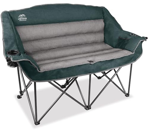 LANMOUNTAIN Fully Padded Folding Double Camping Chairs,Comfy Oversized Loveseat Lawn Chair w/Wine Glass Holder,Cup Holder,Heavy Duty Outdoor Portable Camp Couch Support 600 Lbs,Dark Green