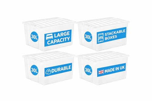 RelianceUK 4 X 30L Plastic Storage Boxes With Lids | Clear Plastic Container With Lids for Clothes Shelves Shoes Crafts | (30 Litre / 4 Pack) Stackable Multipurpose Tubs for Home Office Kitchen
