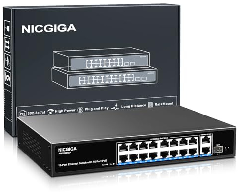 Commutateur PoE 16 port non géré, 16 port PoE+@250W, 2 ports de liaison montante Gigabit, 1 port SFP, commutateur Power Over Ethernet réseau NICGIGA 19 port, mode VLAN, AI Watchdog 19 pouces RackMount
