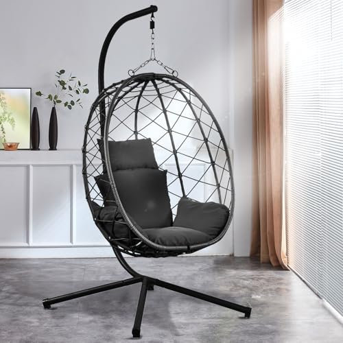 RAMROXX Luxus Hängesessel New XXL Gestell Schwarz mit Korb und Relaxkissen Dunkel Grau