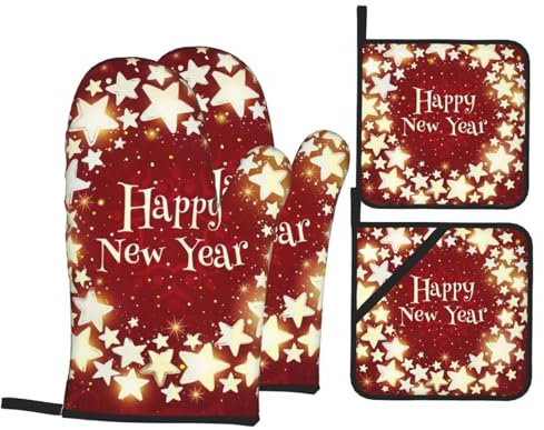 Ofenhandschuhe und Topflappen-Set, Weihnachtskranz, rote Sterne, hitzebeständig, Küchen-Backhandschuhe, rutschfeste Oberfläche zum Kochen, Backen, Grillen, Grillen