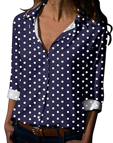 Blouse tunique décontractée à pois imprimés pour femme - Coupe ample - Manches longues boutonnées - Hauts col en V - Manches 3/4 retroussées - Chemises Henley habillées pour le travail et le bureau