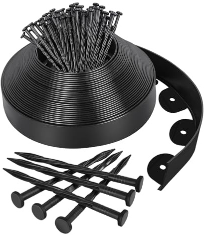 Newthinking Garden Edging Border, 64ft Landscape Edging Dividers with Heavy-Duty Ground Stakes, 5cm High Black Flexible Lawn Raised Bed Edge for Garden Shrub Grass Border