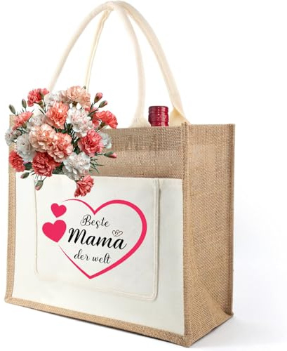 LOOBEAR Jute-Tasche Geburtstagsgeschenk für Mütter, Personalisiert Shopper Bag mit Herz Jute Einkaufstasche, Geschenk für Damen (35cm x 30cm x 14 cm)