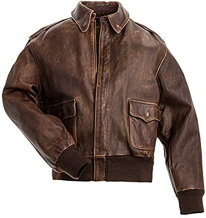 TRESSANO A2 Aviator flygvapnet för män WW2 pilot sliten brun bomber lammskinn läderjacka, Distress-brun, XXL