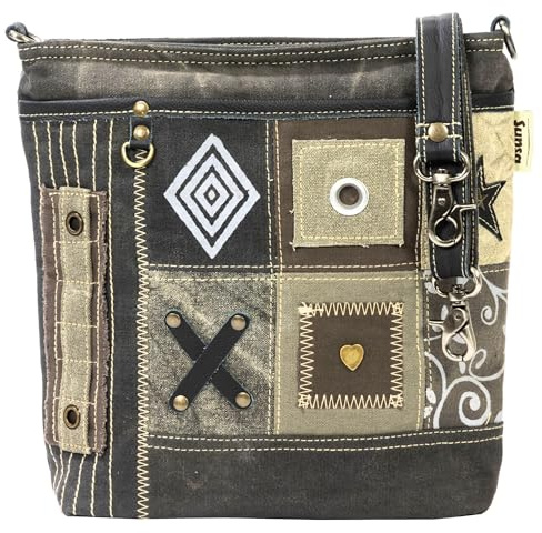 Sunsa Taschen Damen. Umhängetasche aus Canvas/Leinwand & Leder, khakigrün | Handtasche Patchwork Design. Mittelgroße Damentasche DIN A4 geeignet mit viel Fächer. Crossbody als Geschenkideen für Frauen