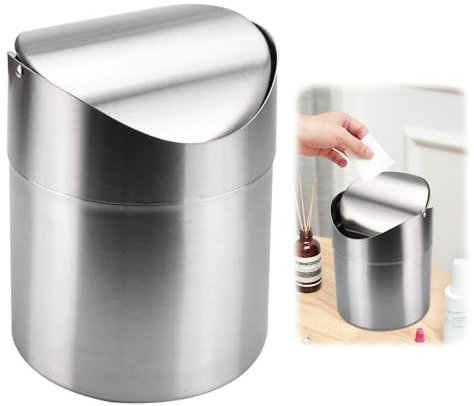 HSMHLYYB Mini Pattumiera, Cestino da Tavolo in Acciaio Inox, Contenitore per Rifiuti, Cestino con Coperchio Basculante Argentato per Cosmetici per Casa, Ufficio, Mobiletto del Bagno(12 x 16,5 cm)