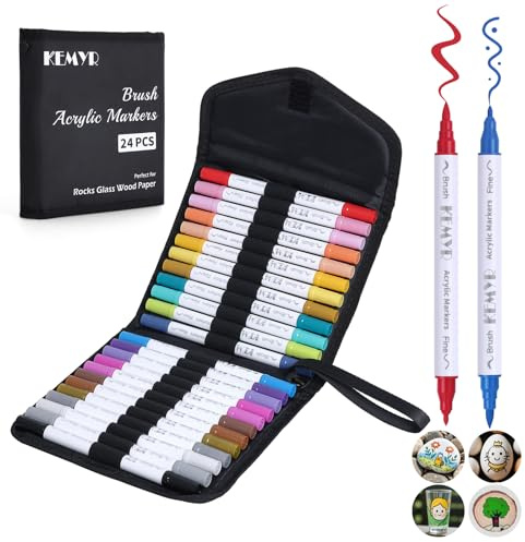 KEMYR 24 Colors Brush & Fine Tip Acrylic Paint Pens, Dual Tip Acrylic Paint Markers for Paper, Wood, Canvas, Stone, Rock, Glass, Fabric, DIY, Ceramic, Art Supplies for Adults Drawing