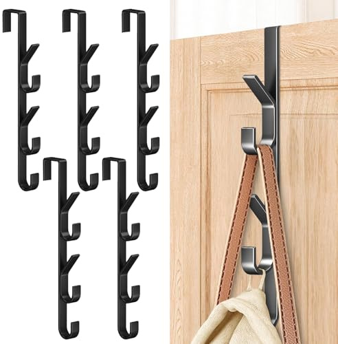 Türgarderobe, 5 Stück x 5 Türhaken, Schwarze Türhaken zum Einhängen, Edelstahl Türhakenleiste zum Einhängen, Multifunktionaler Kleiderbügel im vertikalen Design für Kleidung, Handtücher, Bademäntel