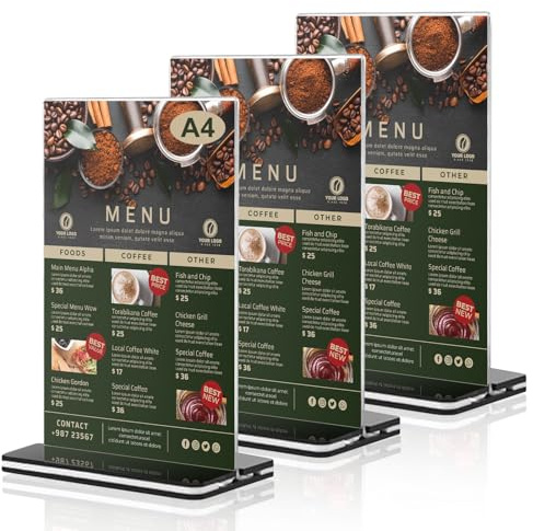 AIDUCHO 3 espositori da tavolo A4, in acrilico trasparente, formato A4, base nera, supporto a T su entrambi i lati, formato A4, per matrimoni, uffici, ristoranti, caffetterie, mostre