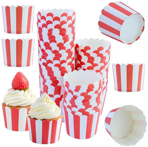 55pz Pirottini Per Muffin,A Strisce Di Carta Per Cupcake,Mini Bicchierini Per Cuocere Cupcake,Contenitori Per Caramelle,Dessert Festa Casa Matrimonio Compleanno Laurea Decorazione,Rosso e Bianco