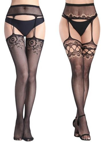 DEFGNOP de Medias con Liguero Altas de Tirantes de Encaje de Red de Liga Estampadas de Flor hasta Muslo para Mujer, 2 Pares