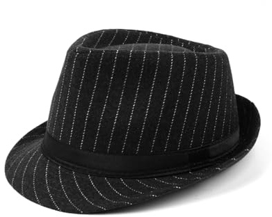 Zylioo XL Trilby Fedora Cappello da uomo in lana anni '20 Manhattan cappello gessato gangster cappello a tesa corta Panama Jazz Cap, Gessato-nero, L
