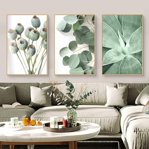 TROYSINC 3-teiliges Poster Set Bilder Wandbilder – Nordische Pflanzen-Triptychon für Wohnzimmer & Schlafzimmer – Eukalyptus, Agave & Mohn Dekoration Ohne Rahmen (A,40x50cm)